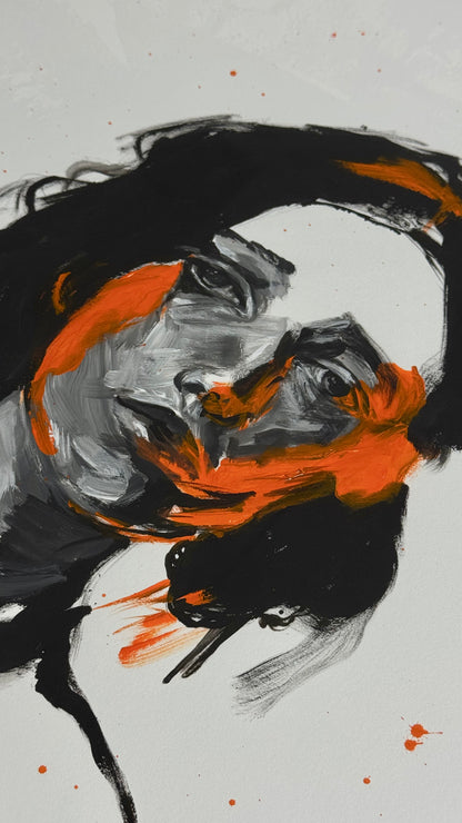 Gerahmtes Porträtgemälde von Tatjana Kpunkt aus der Serie mit dem Titel "Numbing Rage - burning hatered" , Glimmen von Tatjana Kpunkt, Tatjana Kpunk ist Porträtmalerin aus dem Süddeutschen Raum, Kunst aus Biberach, Schwarz und orange auf weißem Hintergrund, ein abstrahiertes kraftvolles Porträtgemälde einer Frau, Verarbeitung komplexer Emotionen, Acrylmalerei, abstrahierte Malerei, zeitgenössische Kunst aus Baden-Württemberg, Auftragskunst, Kunst auf Anfrage, individuelle Porträts