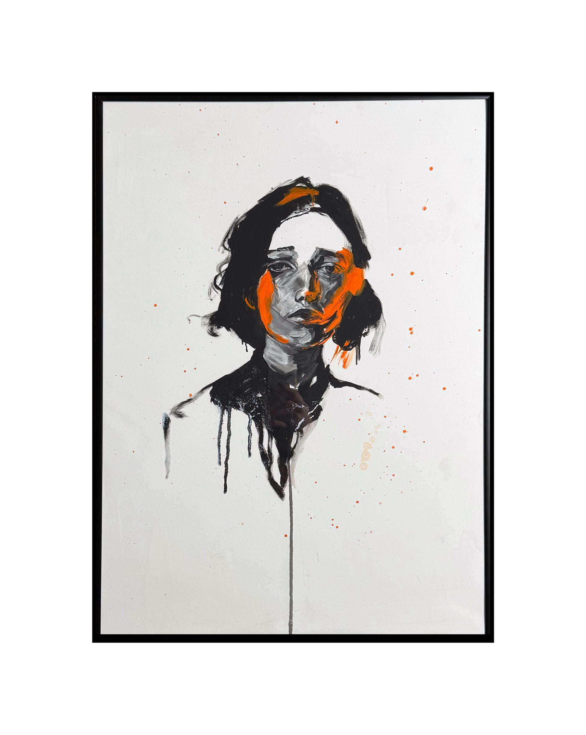 Gerahmtes Porträtgemälde von Tatjana Kpunkt aus der Serie mit dem Titel "Numbing Rage - burning hatered" , Glimmen von Tatjana Kpunkt, Tatjana Kpunk ist Porträtmalerin aus dem Süddeutschen Raum, Kunst aus Biberach, Schwarz und orange auf weißem Hintergrund, ein abstrahiertes kraftvolles Porträtgemälde einer Frau, Verarbeitung komplexer Emotionen, Acrylmalerei, abstrahierte Malerei, zeitgenössische Kunst aus Baden-Württemberg, Auftragskunst, Kunst auf Anfrage, individuelle Porträts