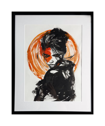 Gerahmtes Porträtgemälde von Tatjana Kpunkt aus der Serie mit dem Titel "Numbing Rage - burning hatered" , Nahaufnahme, Tatjana Kpunk ist Porträtmalerin aus dem Süddeutschen Raum, Kunst aus Biberach, Schwarz und orange auf weißem Hintergrund, ein abstrahiertes kraftvolles Gemälde einer Frau, die über die Schulter blickt mit einem lodernden Kreis im Hintergrund, Verarbeitung komplexer Emotionen, Acrylmalerei, abstrahierte Malerei, zeitgenössische Kunst aus Baden-Württemberg